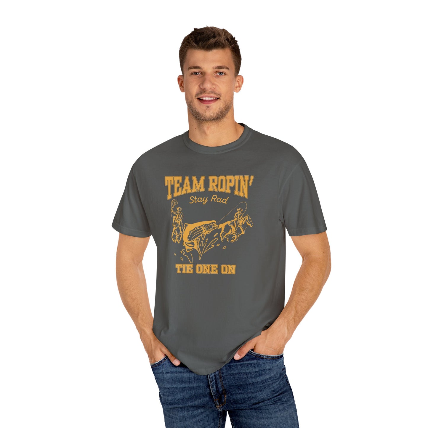 Team Ropin Trout Front | Fly Fishing Cowboys | Comfort Colors Unisex Garment-Dyed T-shirt