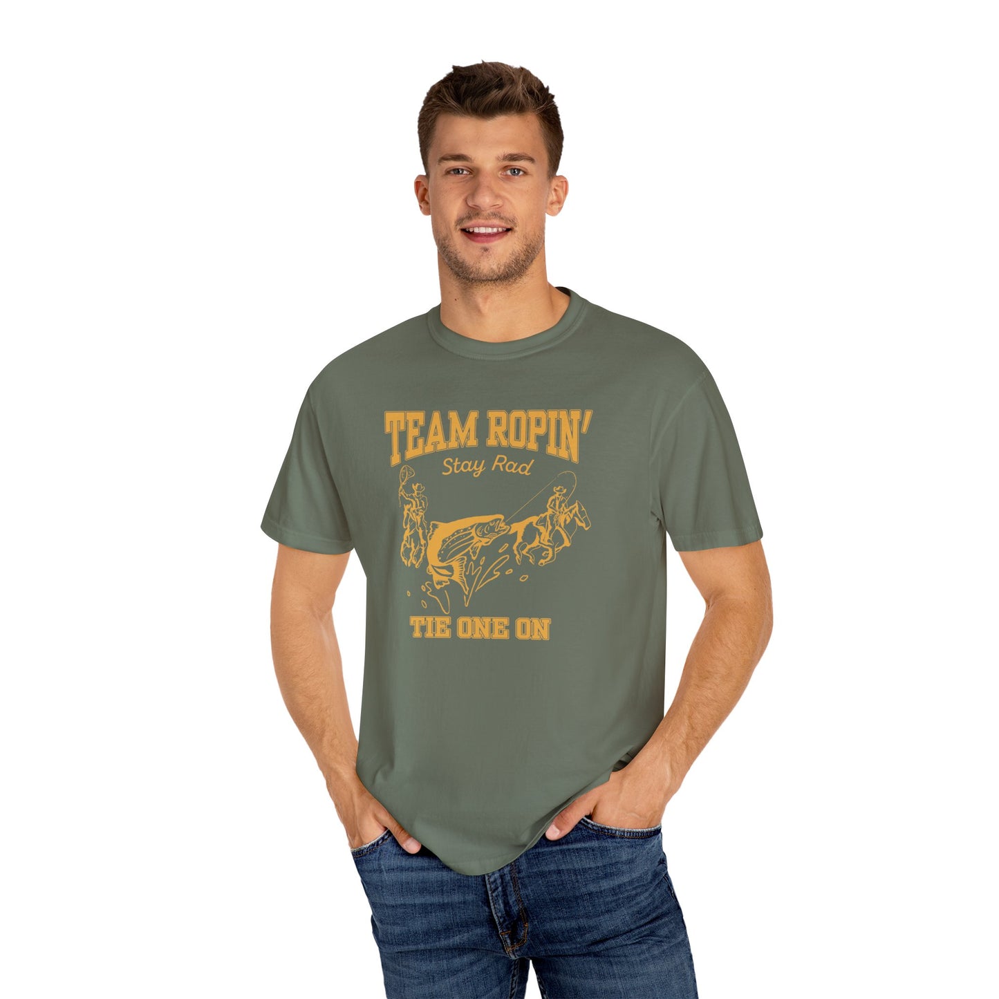 Team Ropin Trout Front | Fly Fishing Cowboys | Comfort Colors Unisex Garment-Dyed T-shirt